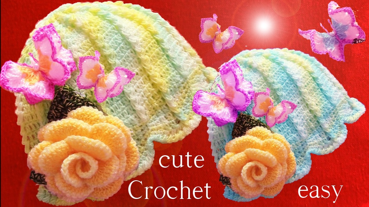 Aprende como tejer a Crochet gorro flor con aplicaciones de mariposas 3D y rosas en una tira