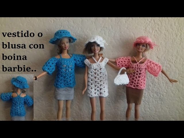 Coordinado crochet vestido o blusa con boina para barbie
