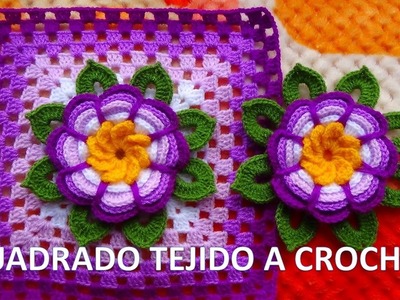 Cuadrado o grany square con flor rosita lila tejida a crochet y hojitas paso a paso