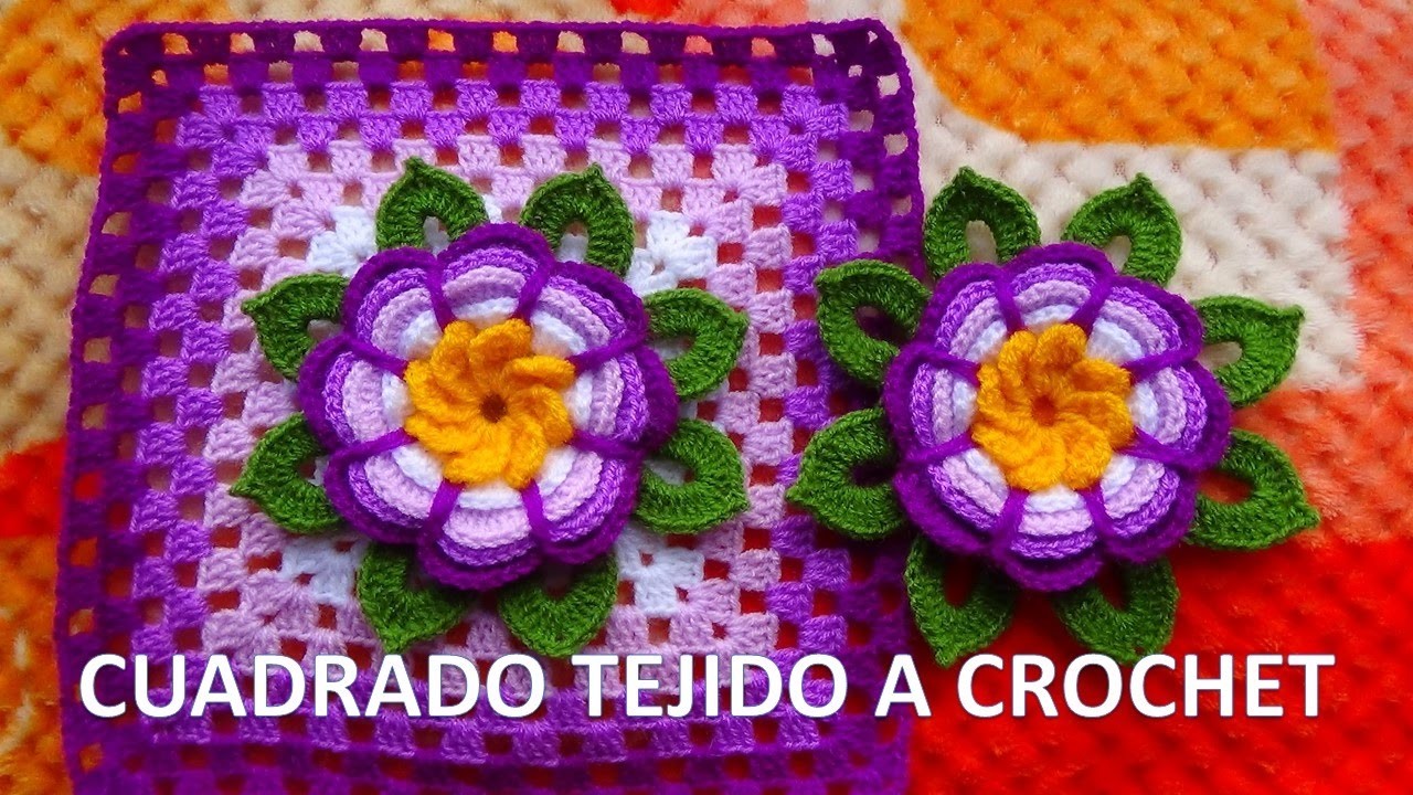 Cuadrado o grany square con flor rosita lila tejida a crochet y hojitas paso a paso