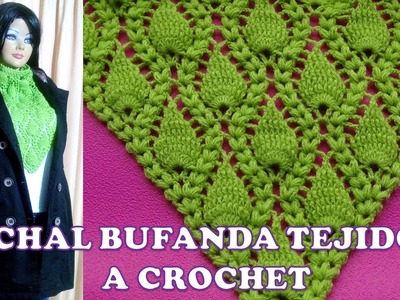 Chal Bufanda tejido a crochet en punto espiga y hojas en relieves paso a paso