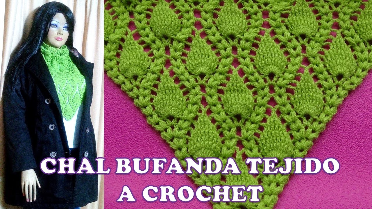 Chal Bufanda tejido a crochet en punto espiga y hojas en relieves paso a paso
