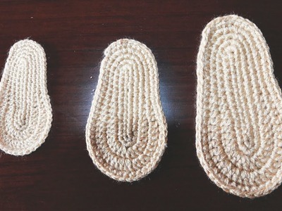 Suelas para zapatitos de bebé en distintas tallas a crochet.