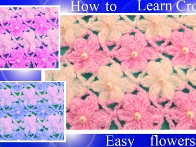 Aprende como tejer Puntos a Crochet con flores de seis pétalos en dos colores