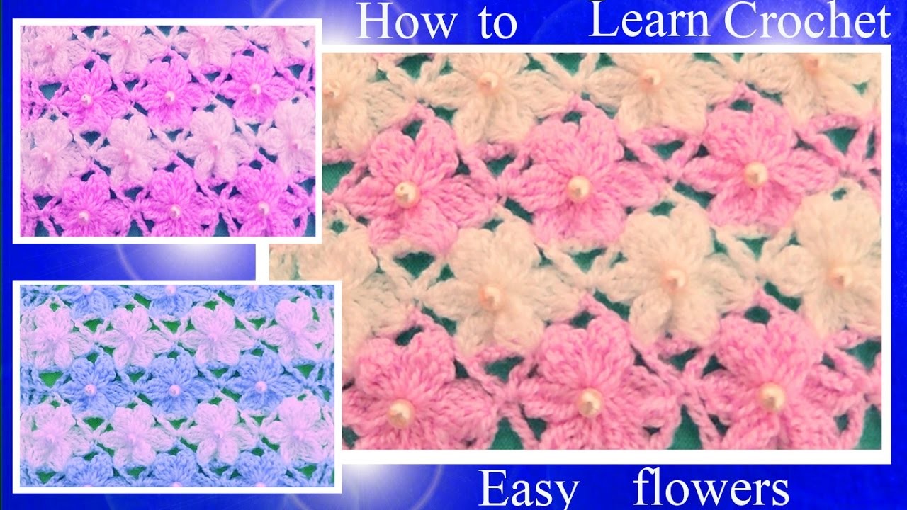 Aprende como tejer Puntos a Crochet con flores de seis pétalos en dos colores