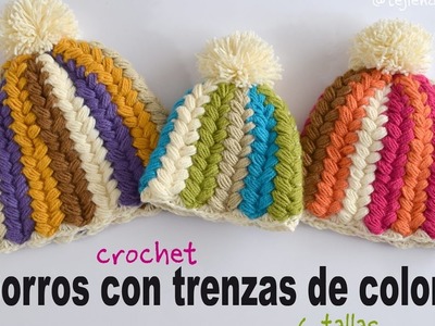 Gorro con trenzas de colores a crochet en todas las tallas. Tejiendo Perú