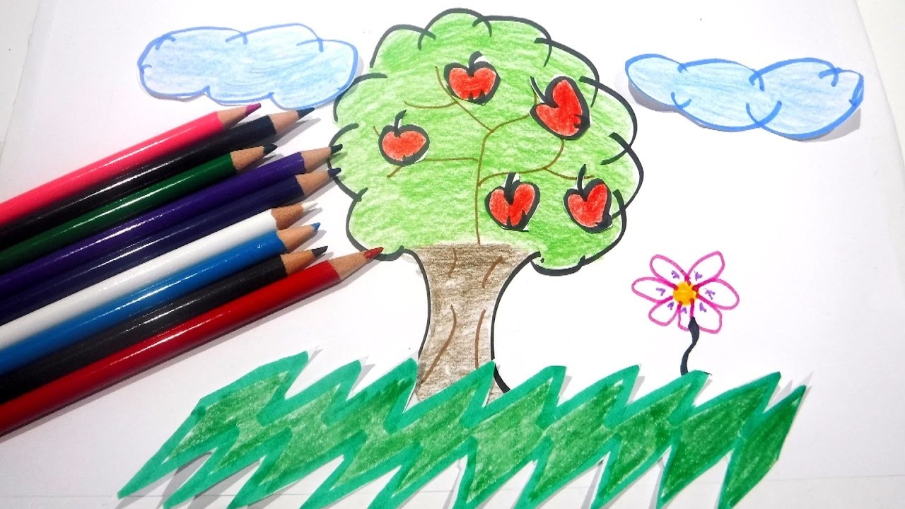 Como hacer DIBUJO árbol paisaje y COLOREAR - Video para NIÑOS