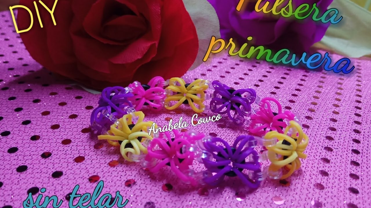 PULSERA PRIMAVERA de gomitas????ligas SIN TELAR. diy bracelet with loom bands