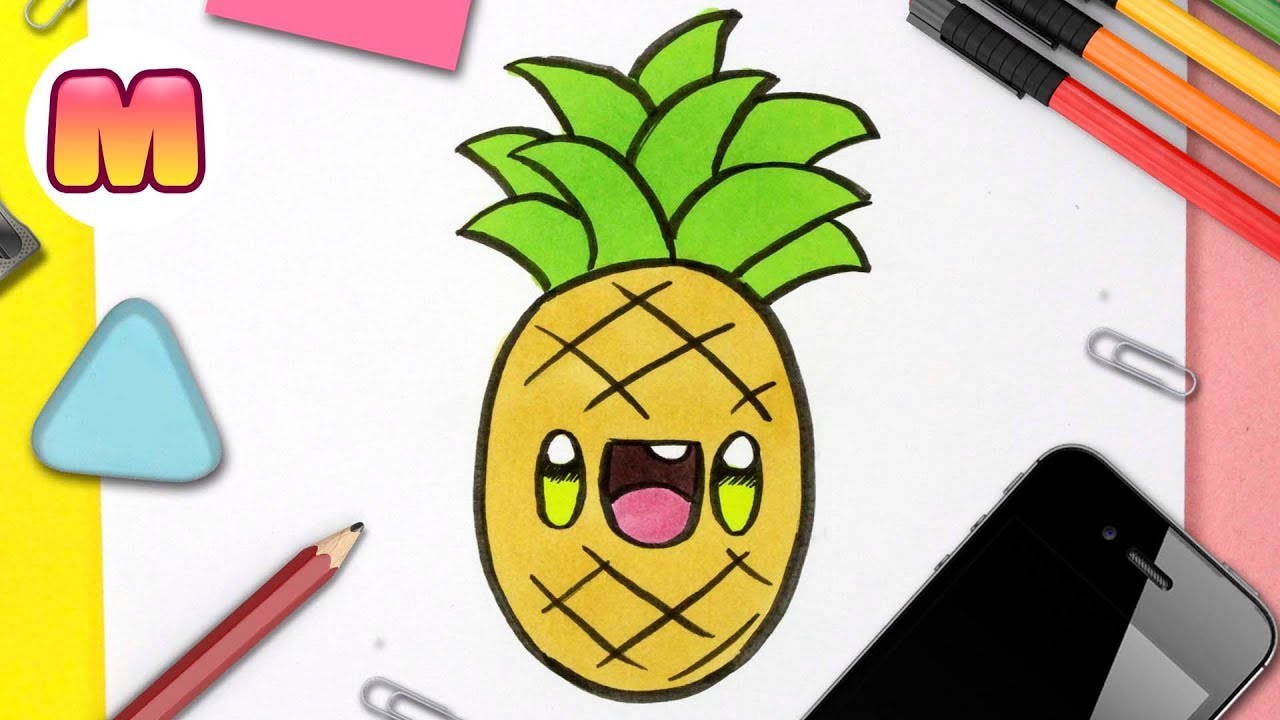 COMO DIBUJAR UNA PIÑA KAWAII - dibujos kawaii faciles - Aprende a dibujar una fruta kawaii