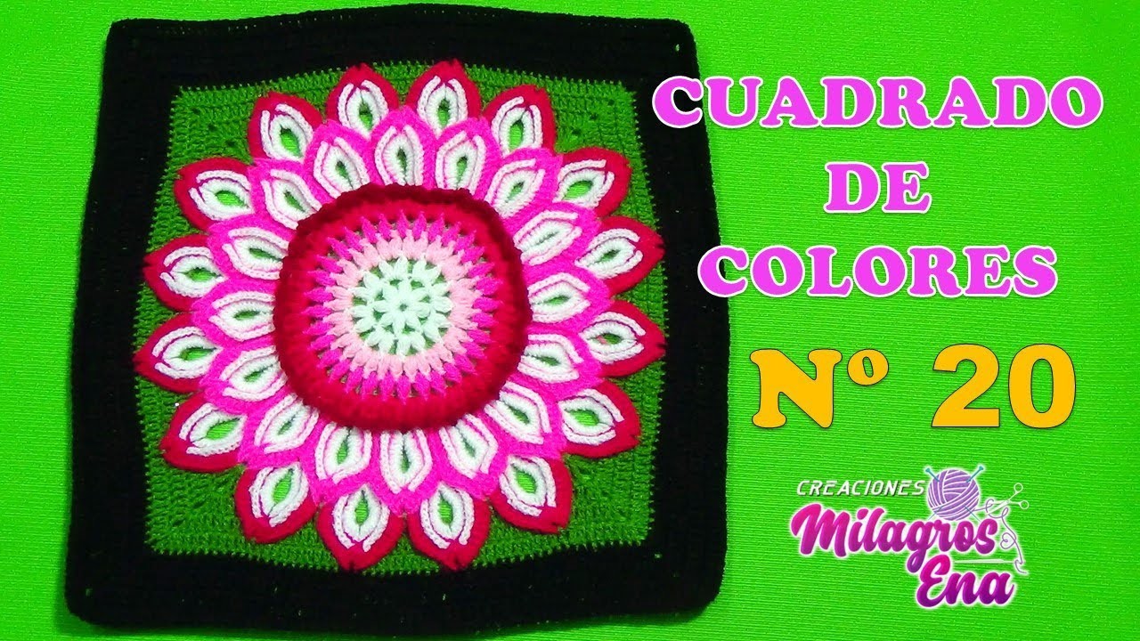 Cuadrado N° 20 de colores tejido a crochet para colchas y cojines: FLOR DE 32 PETALOS