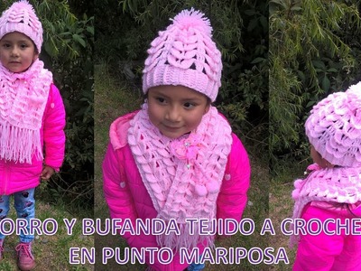 VIDEO CONJUNTO Gorro y Bufanda en Punto Mariposa Tejido a Crochet o ganchillo paso a paso para niñas