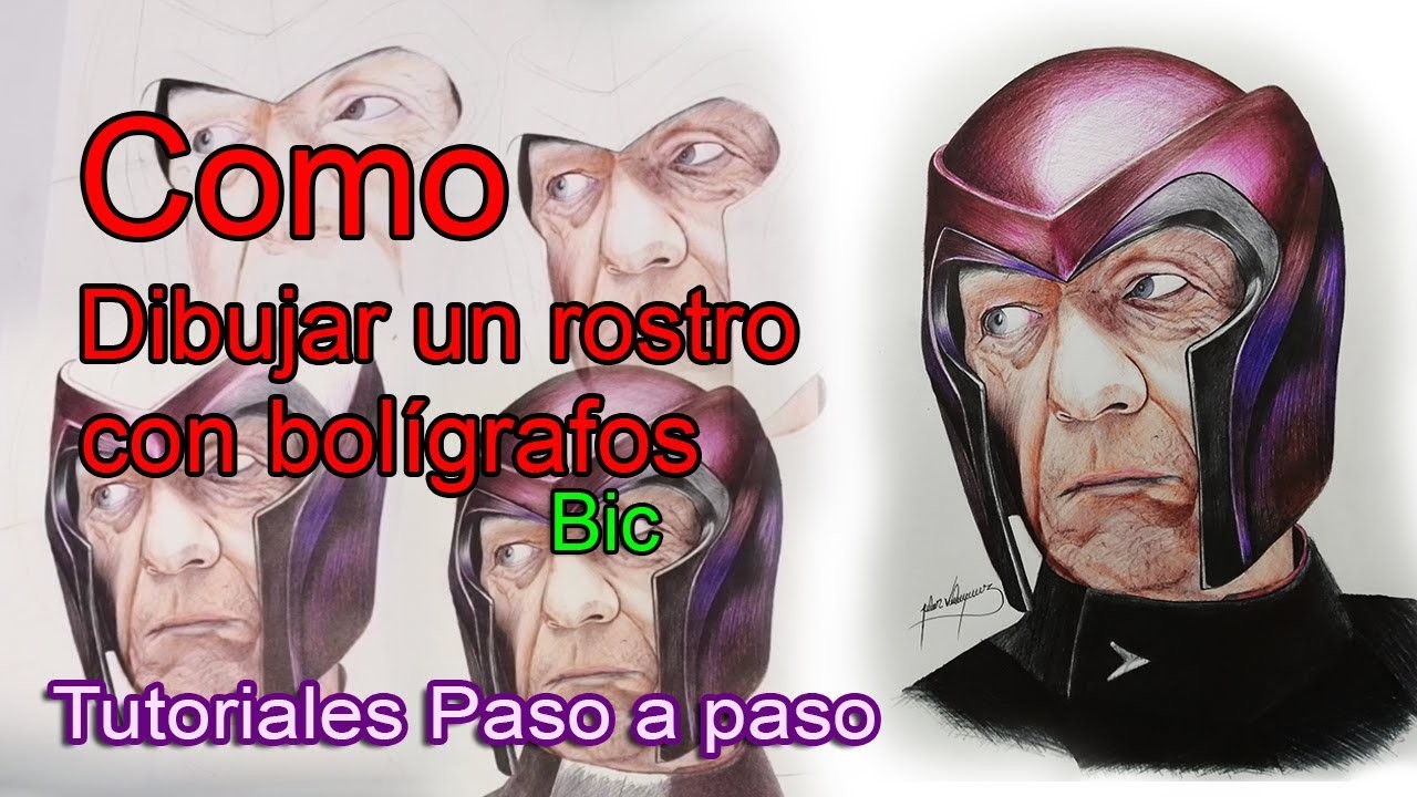 Como dibujar un rostro realista  a color con Bolígrafos . X-Men Magneto