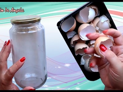 Bote de cristal reciclado con CRAQUELADO de cascara de huevo y DECOUPAGE - Diy manualidades