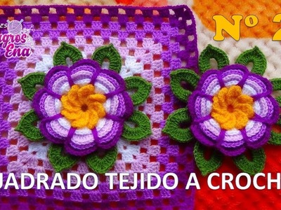 Cuadrado N° 21 de colores tejido a crochet para colchas y cojines: FLOR ROSITA CON HOJITAS