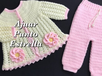 Pantalon a crochet o ganchillo con punto estrella a juego con chaquetita para niñas 0-12 meses