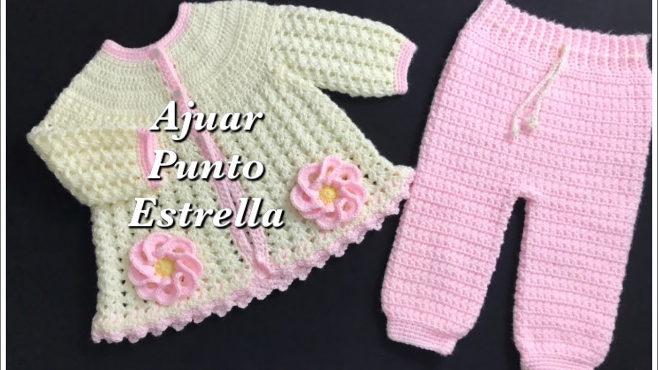 Pantalon a crochet o ganchillo con punto estrella a juego con chaquetita para niñas 0-12 meses