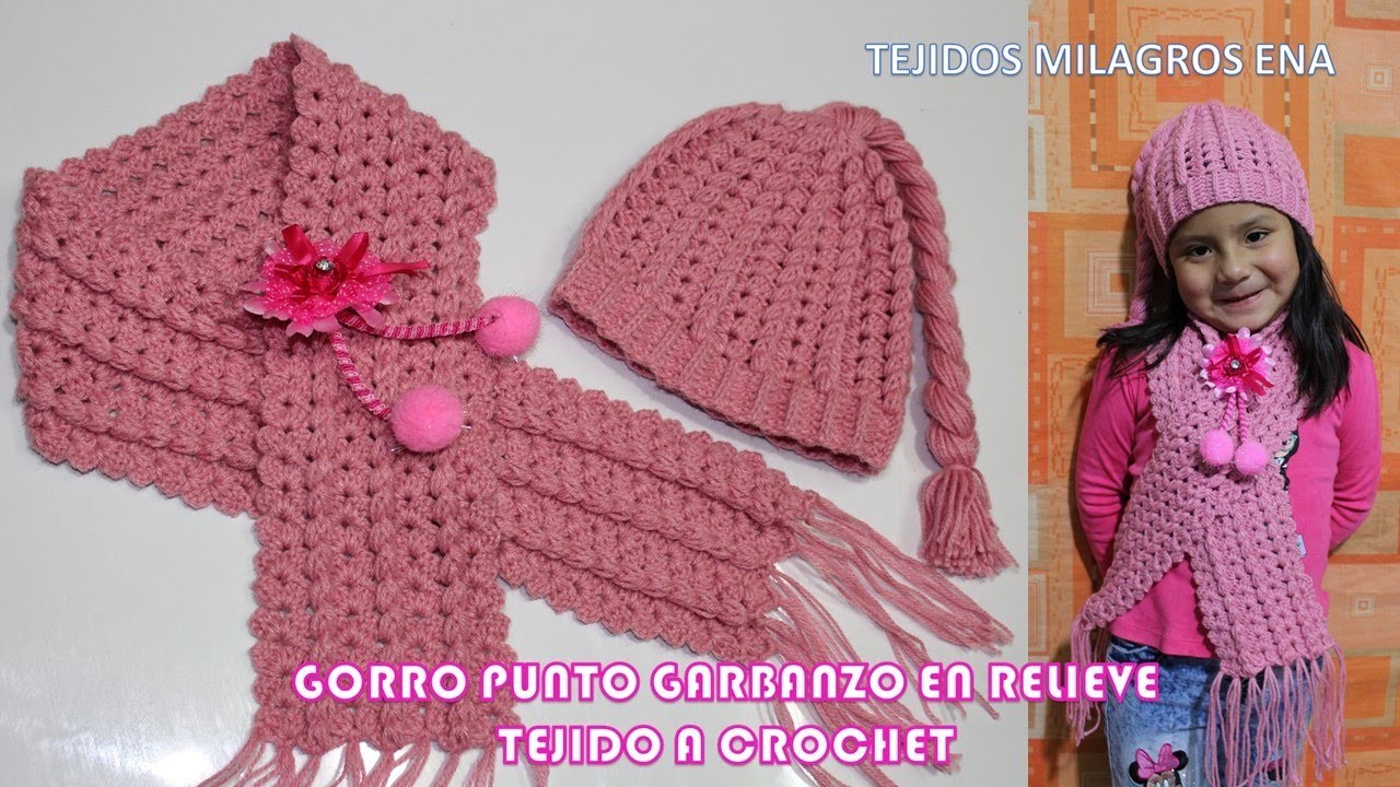 VIDEO CONJUNTO de Gorro y bufanda tejido a crochet en Punto Garbanzos en Relieves con Abanicos