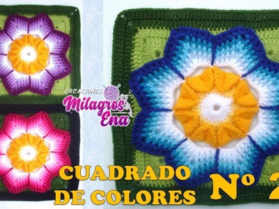 Cuadrado N° 22 de colores tejido a crochet para colchas y cojines: FLOR EN PUNTO COCODRILO