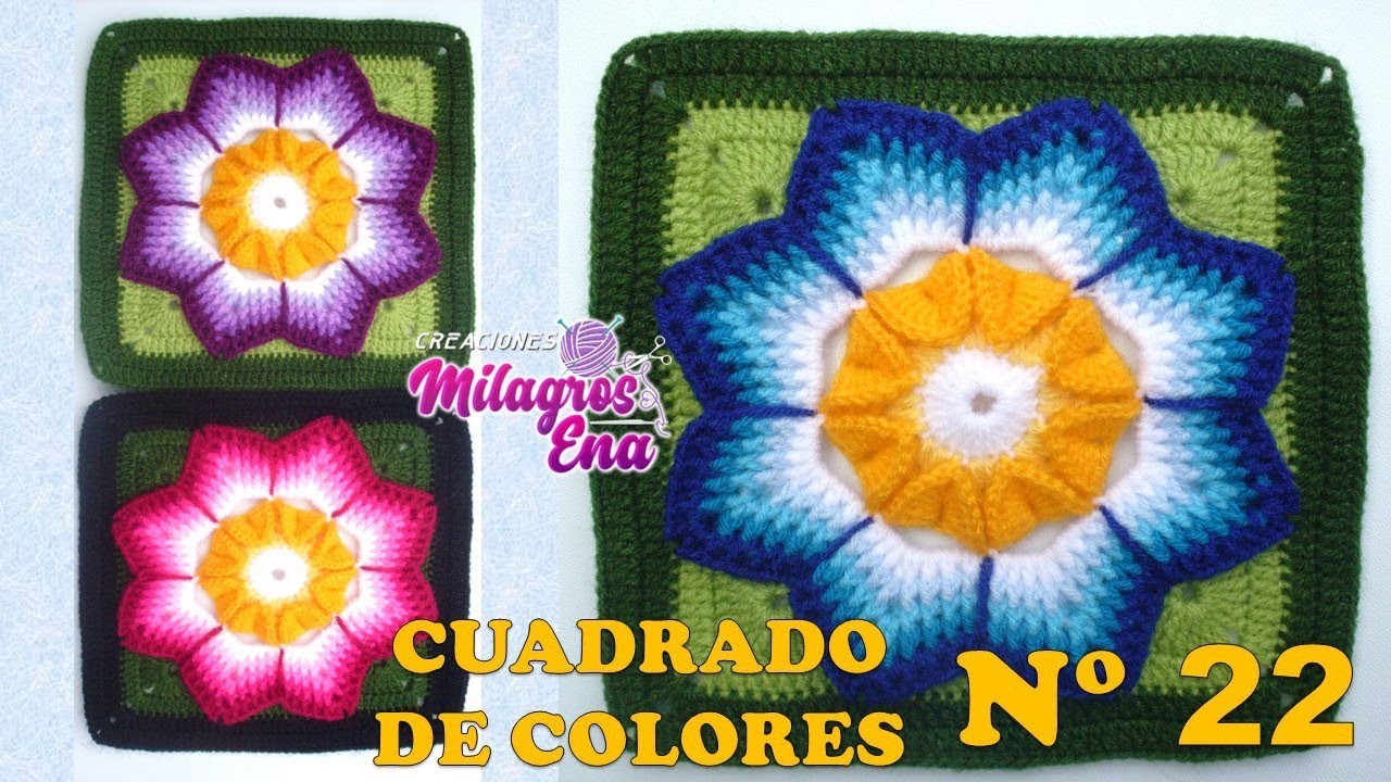 Cuadrado N° 22 de colores tejido a crochet para colchas y cojines: FLOR EN PUNTO COCODRILO