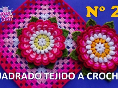 Cuadrado N° 24 de colores tejido a crochet para colchas y cojines: FLOR DALIA CON  HOJITAS