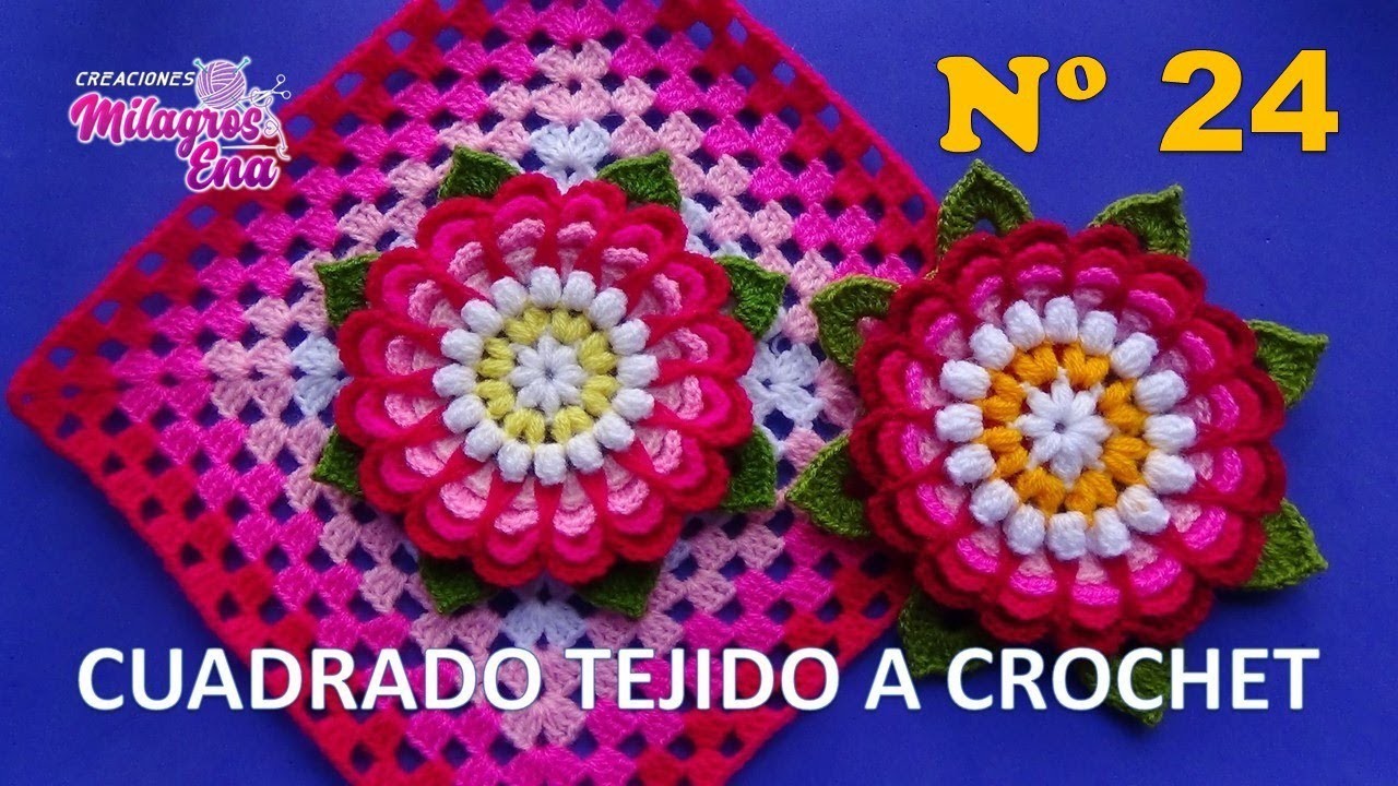 Cuadrado N° 24 de colores tejido a crochet para colchas y cojines: FLOR DALIA CON  HOJITAS