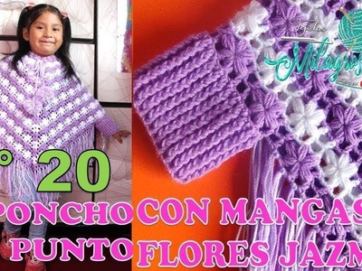 Poncho N° 20 tejido a crochet: VIDEO COMPLETO de Poncho con mangas en punto FLOR JAZMÍN paso a paso