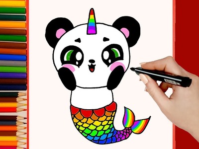 Cómo dibujar Panda Unicornio Sirena Arcoiris kawaii. PASO A PASO. Dibujos kawaii faciles