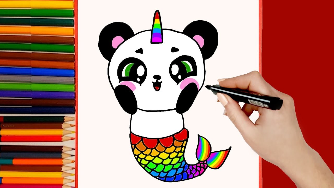Cómo dibujar Panda Unicornio Sirena Arcoiris kawaii. PASO A PASO. Dibujos kawaii faciles