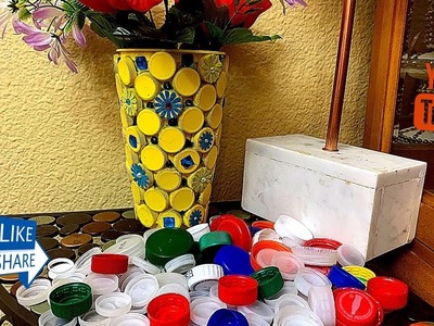 MANUALIDADES  Como hacer Florero con tapas de botellas de Plástico