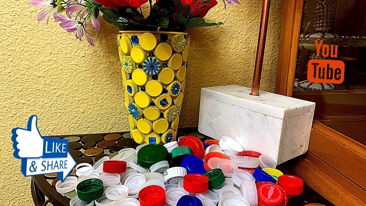 MANUALIDADES  Como hacer Florero con tapas de botellas de Plástico