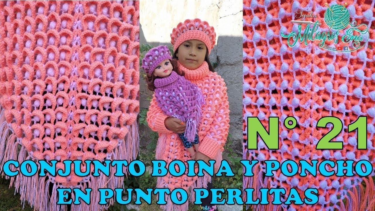 Poncho N° 21 tejido a crochet Reversible en punto Perlitas paso a paso para diferentes edades