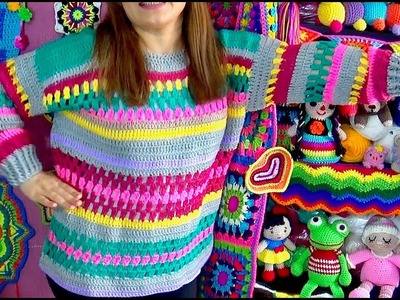 Suéter Tejido a Crochet Multicolor  Muy Fácil  Paso a paso