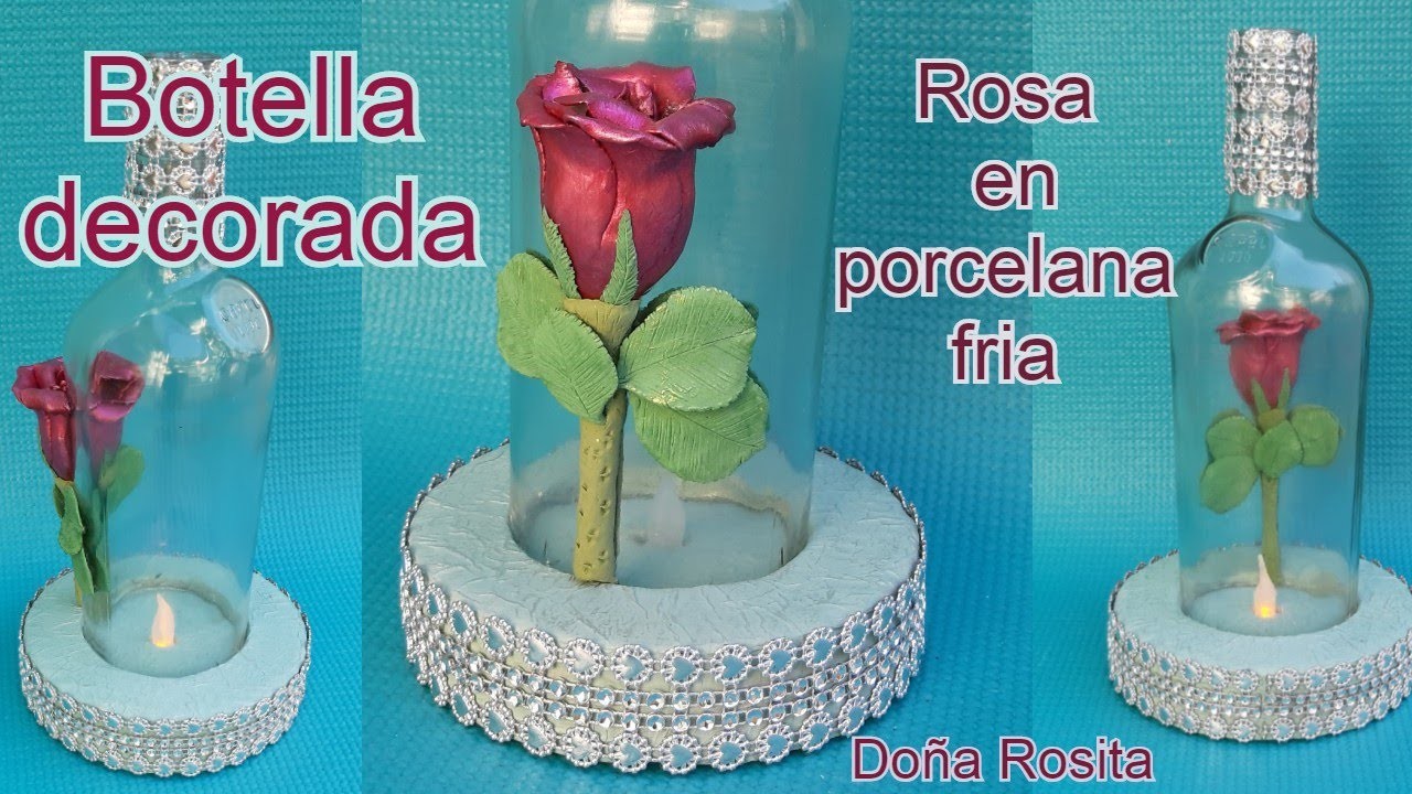 Botellas decoradas con EFECTO 3D Rosa en PORCELANA FRIA  incrustada en vidrio. Doña Rosita