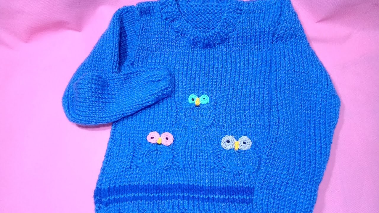 Suéter, pullover, chompa para niña con búhos en dos agujas.