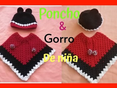 PONCHO  y GORRITO combinado en 3 colores de niña tejido en ganchillo.crochet*