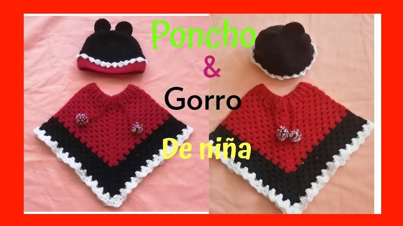 PONCHO  y GORRITO combinado en 3 colores de niña tejido en ganchillo.crochet*