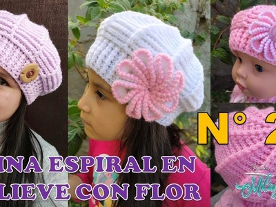 Boina N° 27 tejido a crochet en punto Espiral en relieves con Flor tejido para bebes, niñas y damas