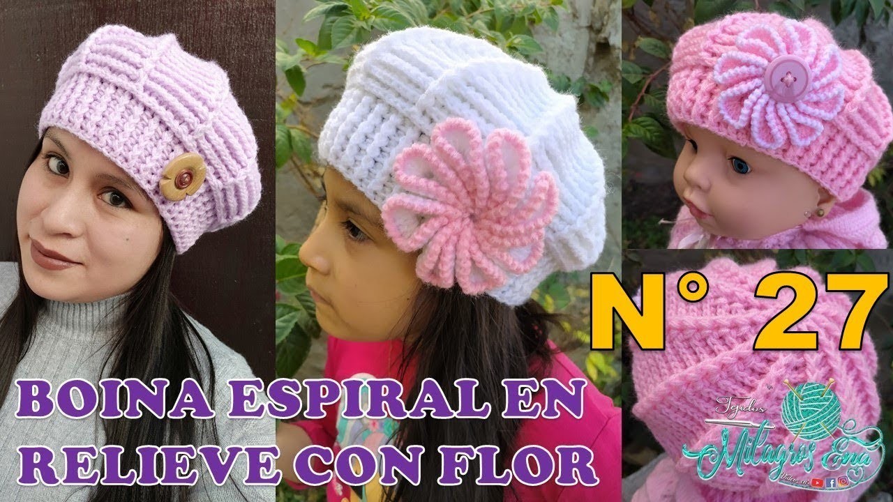 Boina N° 27 tejido a crochet en punto Espiral en relieves con Flor tejido para bebes, niñas y damas