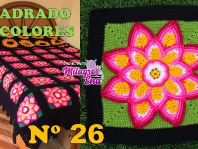 Cuadrado N° 26 de colores tejido a crochet para colchas y cojines: FLOR EN PUNTOS ROCOCO Y RELIEVES