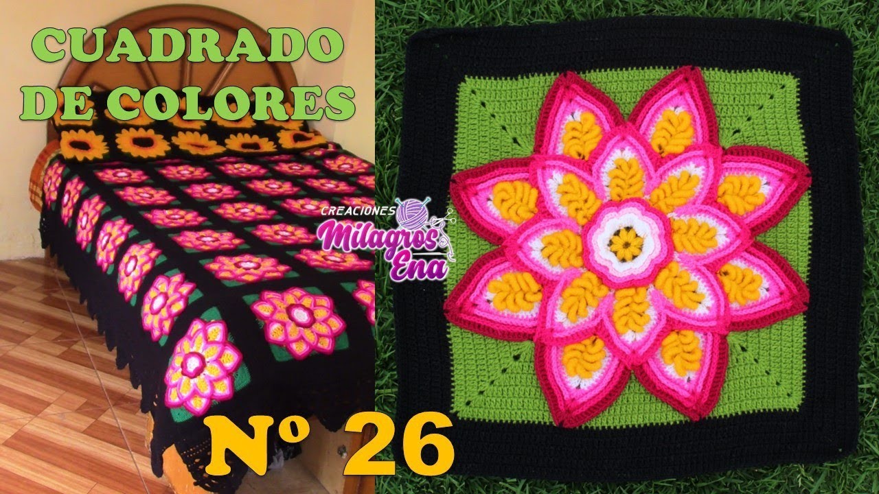 Cuadrado N° 26 de colores tejido a crochet para colchas y cojines: FLOR EN PUNTOS ROCOCO Y RELIEVES