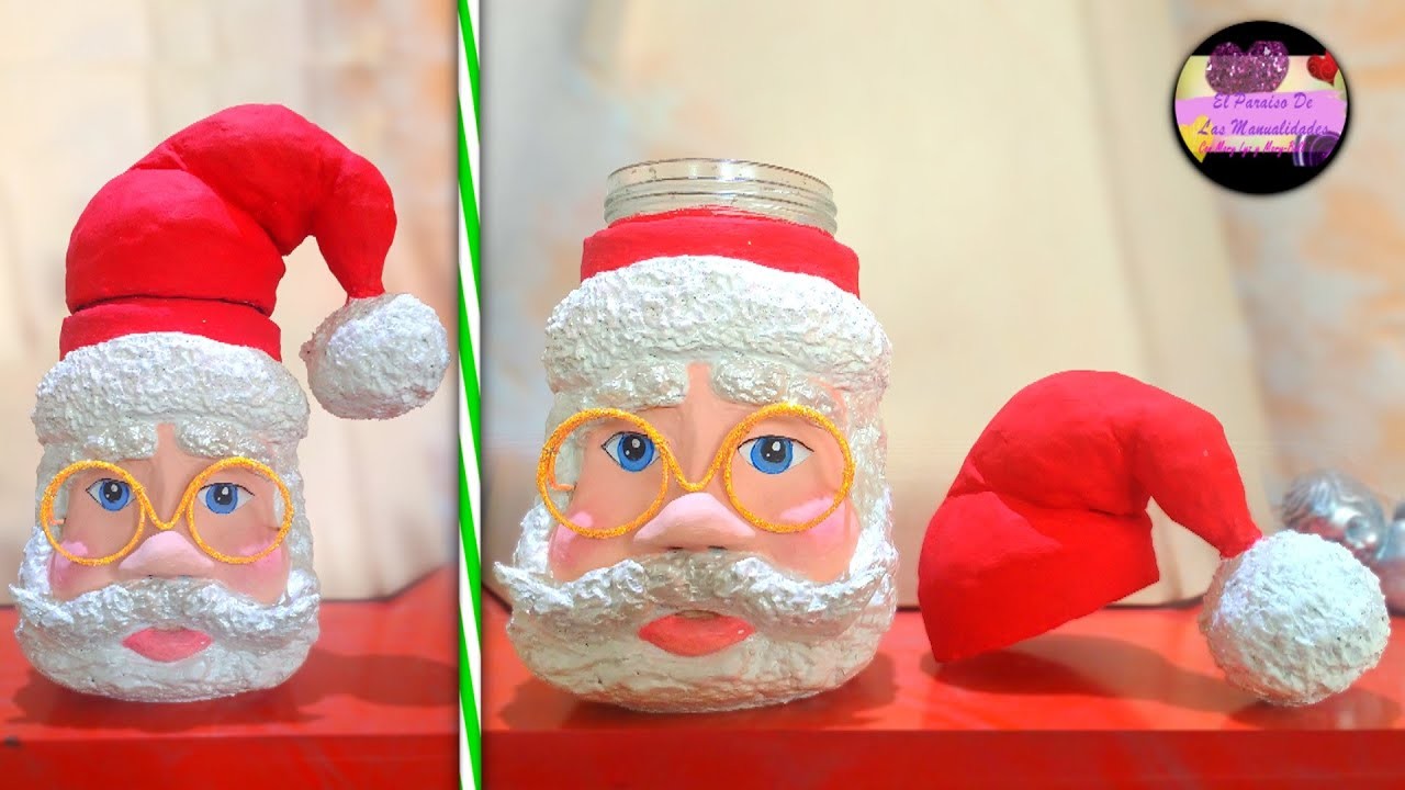 Diy Frasco de vidrio navideño en forma de papa Noel galletero o dulcero con material reciclable