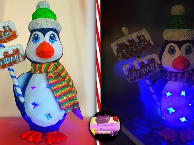 Diy Lampara navideña en forma de pingüino con luces hecha con cartón de huevo y material reciclado