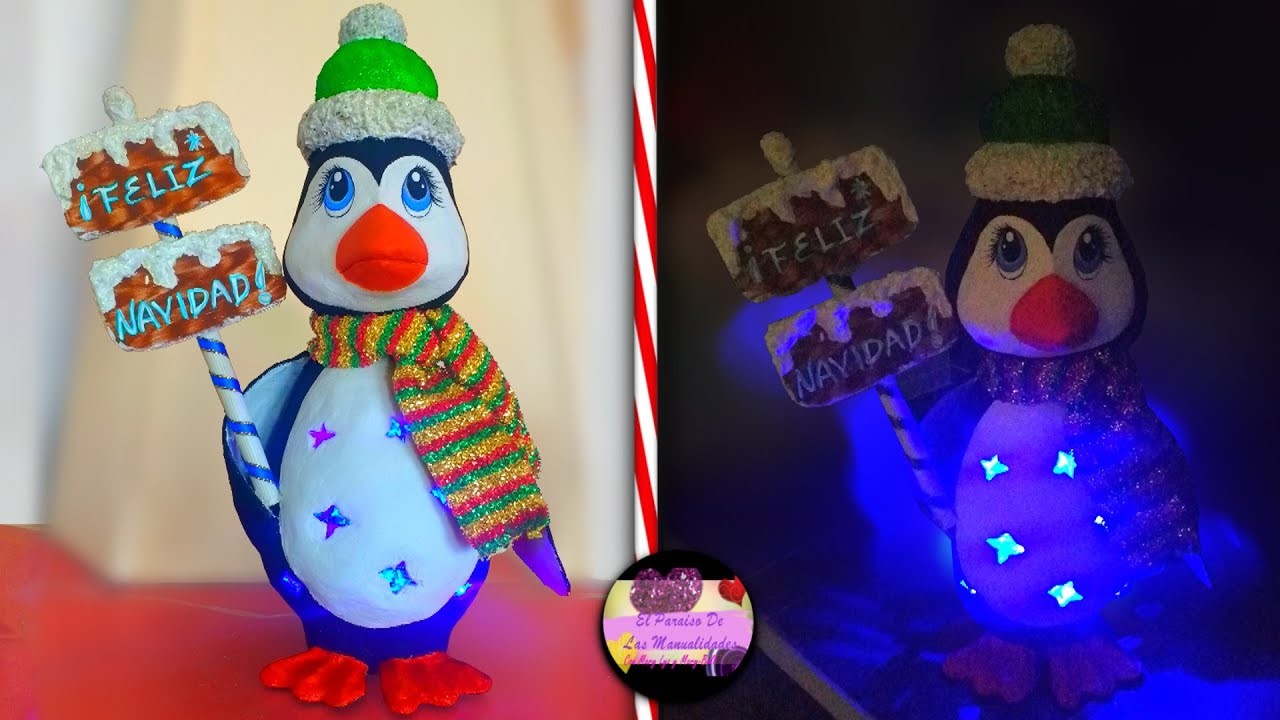 Diy Lampara navideña en forma de pingüino con luces hecha con cartón de huevo y material reciclado