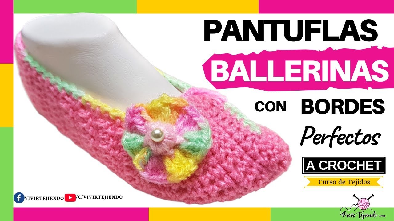 ✅ Pantuflas Slippers Ballerinas a Crochet con Adorno 3D Colores Fantasía ???? Tejidos a Crochet