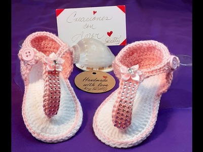 Sandalias a crochet con Piedritas y Flor, para bebes de 3 a 6 meses