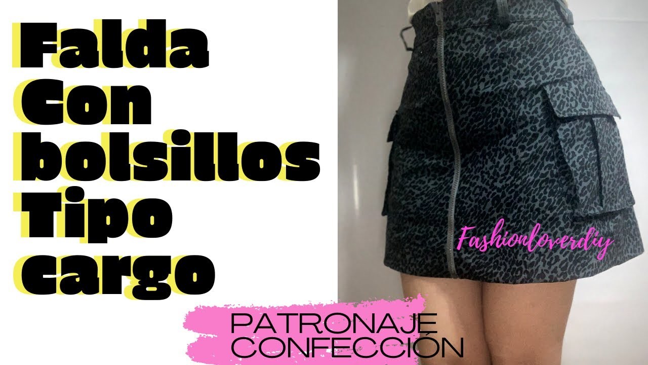 DIY TUTORIAL FALDA TRAPECIO CON BOLSILLOS TIPO CARGO. camuflado.CREMALLERA AL FRENTE #sewingproyect