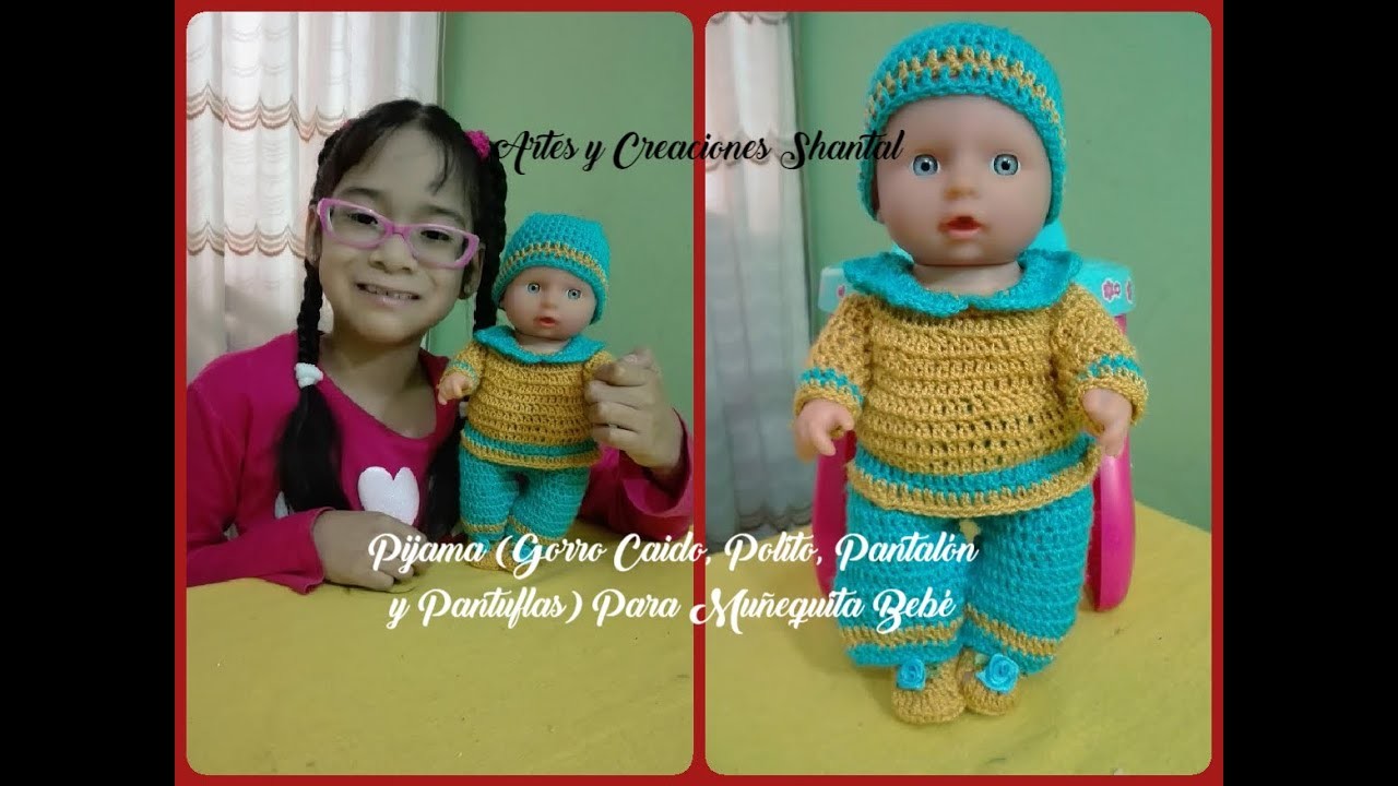 Pijama (Gorro Caido, Polito, Pantalón y Pantuflas) Para Muñequita Bebé a Crochet.