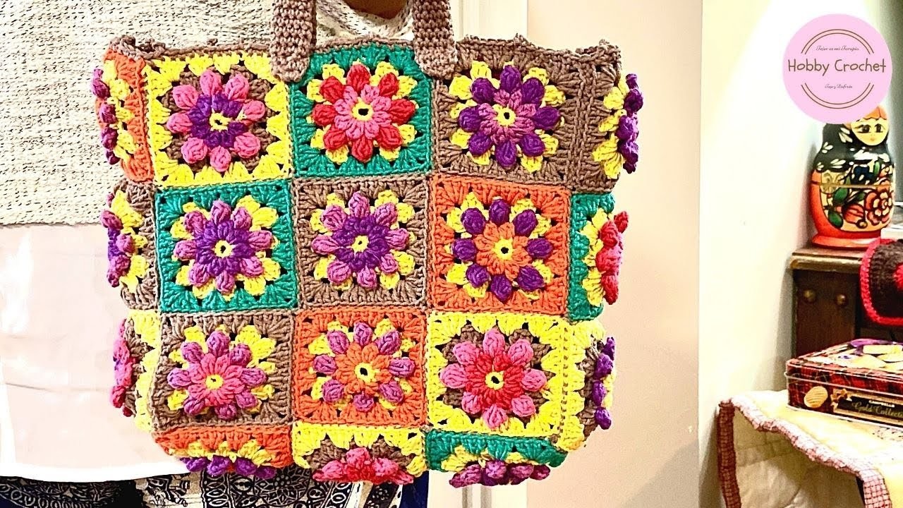 Bolso Cesta con Granny Flor a crochet (Versión Diestra)