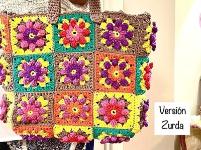 Bolso Cesta con Granny Flor a crochet (Versión Zurda)