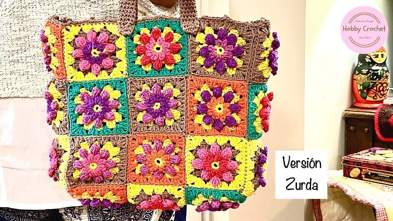 Bolso Cesta con Granny Flor a crochet (Versión Zurda)